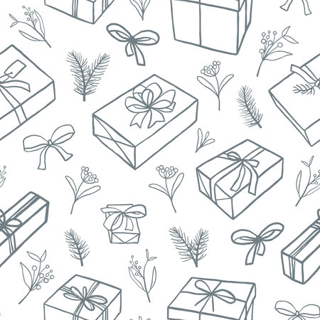 Christmas gift boxes and decorative elements seamless pattern. Simple design for greeting cards, invitations, posters, wrapping paper, textile, coverのイラスト素材