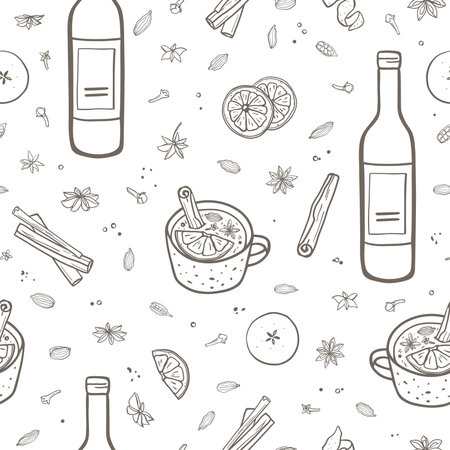 Hand drawn mulled wine ingredients seamless patternのイラスト素材