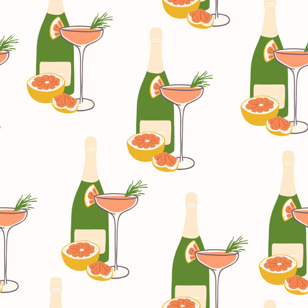 Hand drawn mimosa cocktail and ingredients seamless patternのイラスト素材