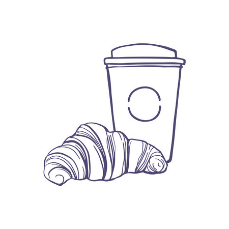 Hand drawn croissant and coffee cup composition. Simple bakery design for poster, card, menu, social mediaのイラスト素材