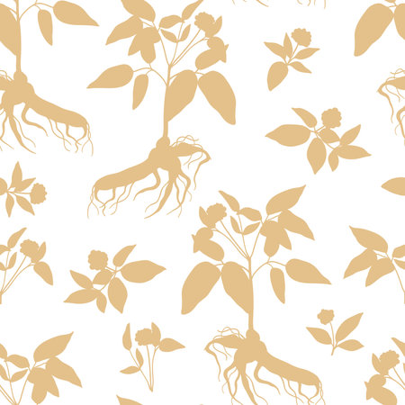 Ginseng root silhouette seamless pattern. Chinese medicinal plant design for textile, fabric, wrapping paperのイラスト素材
