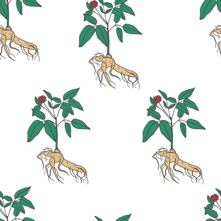 Ginseng root with steam and leaves seamless pattern. Chinese medicinal plant design for textile, fabric, wrapping paperのイラスト素材