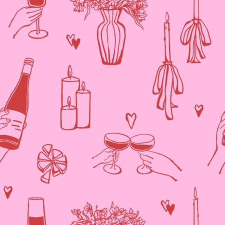 Romantic dinner with drinks, candles and flowers seamless pattern. Valentines Day design in traditional colors for card, poster, social media, wrapping paper, gift paperのイラスト素材