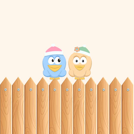 birds sitting on the wooden fenceのイラスト素材