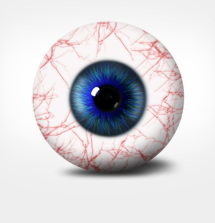 3d eye of man on white background. eyeball with pupil shade of blue with red vesselsの写真素材