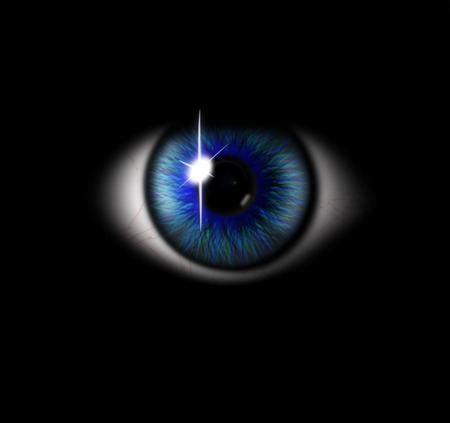 3d blue eye on black background. eyeball with pupil blue tintの写真素材
