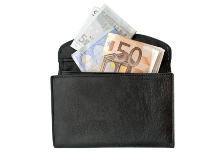 leather black leather wallet with money, some banknotes in black purse, open purse with paper money with moneyの写真素材
