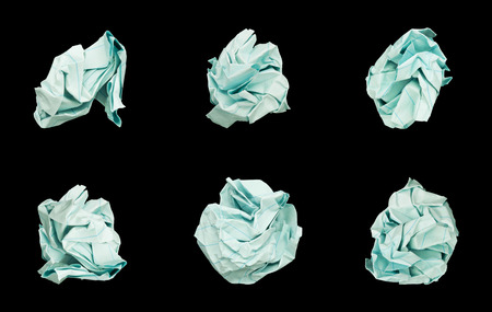Set of 6 Balls Crumpled Paper. Balls Crumpled Paper isolated on black backgroundの写真素材