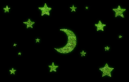Abstract moon and stars on a black background. Green grass moon and starsの写真素材