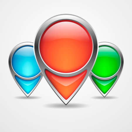 Illustration of three colored navigation markers with shadow. Set of map markers isolated on white background. Map pointers - vector illustration.のイラスト素材