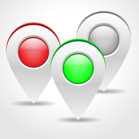 Illustration of three colored navigation markers with shadow. Set of map markers isolated on white background. Map pointers - vector illustration.のイラスト素材