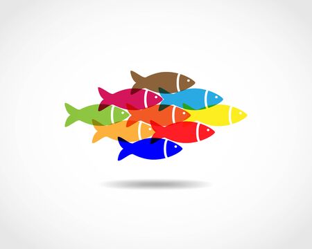 Colorful fishes swimming together - unity concept. A small flock of fish - flat design. Flat fish icon - vector illustration.のイラスト素材