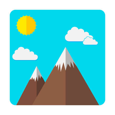 Mountains icon - vector illustration. Abstract image of the mountains, the sun and clouds in flat design. Mountains bright emblem.のイラスト素材