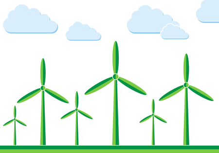 Wind turbines in the field - vector illustration. Green wind turbine generators in flat design.のイラスト素材