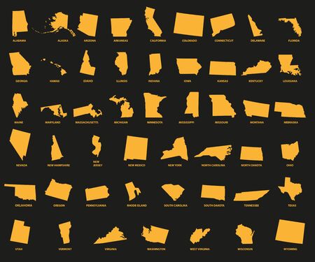 Set of yellow USA states on black background - vector illustration. Simple flat vector map - United States.のイラスト素材