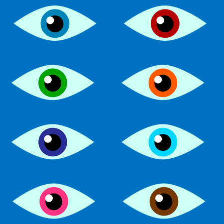Several eye icon on a blue background. Set of 8 colored eyes - vector illustration.のイラスト素材