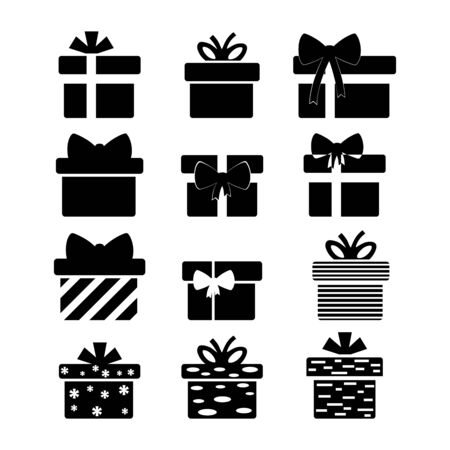 Set of twelve black icons of gift boxes on white background. Set of black of gift boxes - vector illustration.のイラスト素材