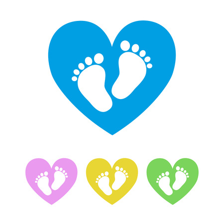 Set of the baby footprints - vector illustration. White footprints of baby inside of the heart. Presented in four color variants.のイラスト素材