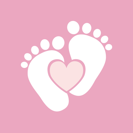 Simple baby footprints - vector illustration. Pink footprints of baby with image of the heart inside.のイラスト素材