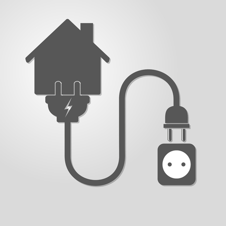 Silhouette of house with wire plug and socket - vector illustration. Simple icon with house, socket and wire plug on light background. Concept of connection, disconnection of the electricity.のイラスト素材