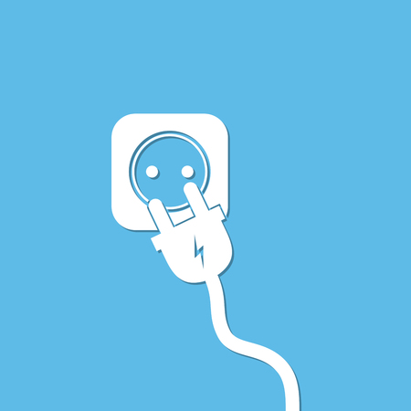 Socket and wire fork - vector illustration. White icon of power connection on a blue background. Concept of connection, disconnection of the electricity.のイラスト素材