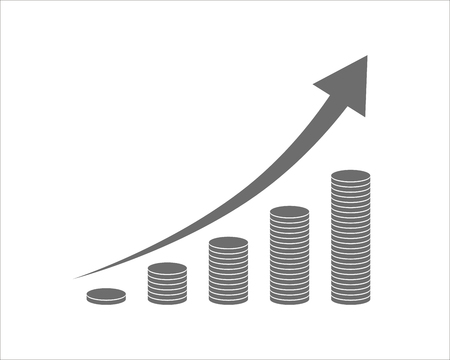 Coin icon in flat design. Black coin symbol. Concept of income with arrow up. Heap of cash coin -  illustration.のイラスト素材