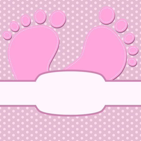Pink baby footprints. Baby footprints as a symbol of pregnancy or childbirth. Cute background on birthday of girl. Vector illustration.のイラスト素材