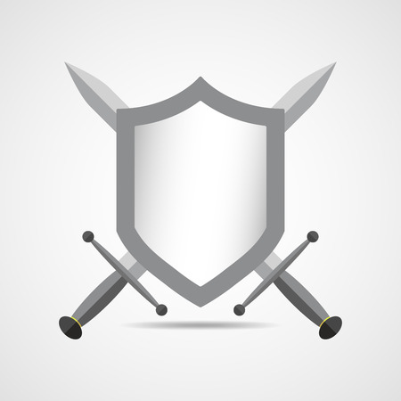 Shield and swords in flat design. Shield and sword icon isolated. Vector illustration.のイラスト素材