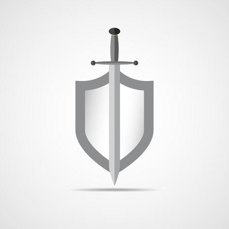 Shield and sword in flat design. Shield and sword icon isolated. Vector illustration.のイラスト素材