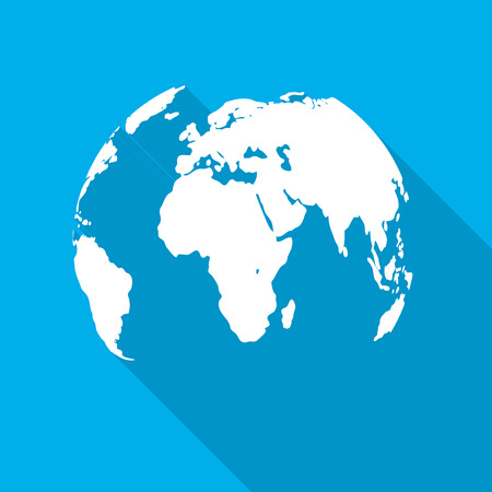 Planet Earth icon in flat design. Planet Earth with long shadow on a blue background. Vector illustration.のイラスト素材