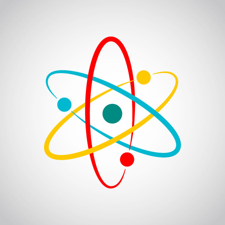 Atom icon in flat design. Colored molecule symbol or atom symbol isolated. Vector illustration.のイラスト素材