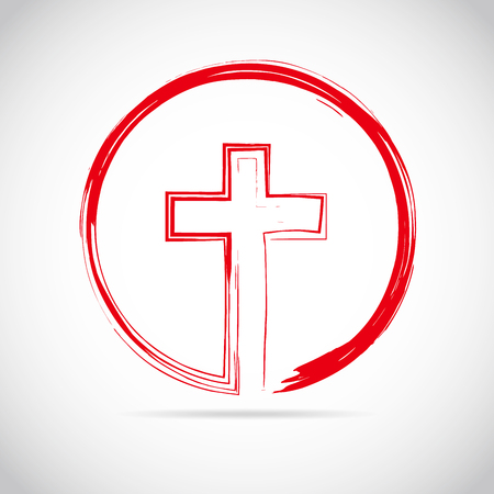 Christian cross icon in the circle. Red christian cross sign isolated on white background. Vector illustration.のイラスト素材