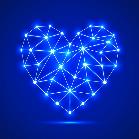 Abstract blue background with shiny heart. Triangular sign of the heart. Symbol of the heart. Symbol of the love. Vector illustration.のイラスト素材