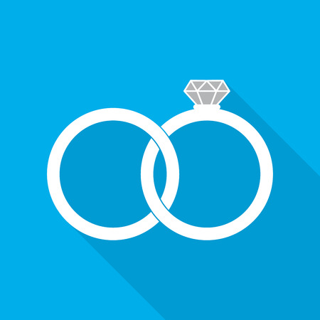 White wedding rings icon in flat design. Rings with diamond with long shadow on blue background. Vector illustration.のイラスト素材