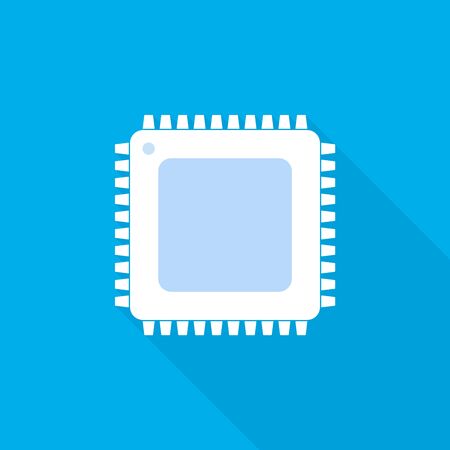 White chip icon in flat design. Simple microchip with long shadow on blue background. Microcircuit flat sign. Vector illustration.のイラスト素材
