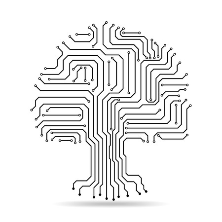 Circuit board tree icon. Abstract line tree silhouette isolated. Vector illustration. Crown of tree made of electronic paths.のイラスト素材