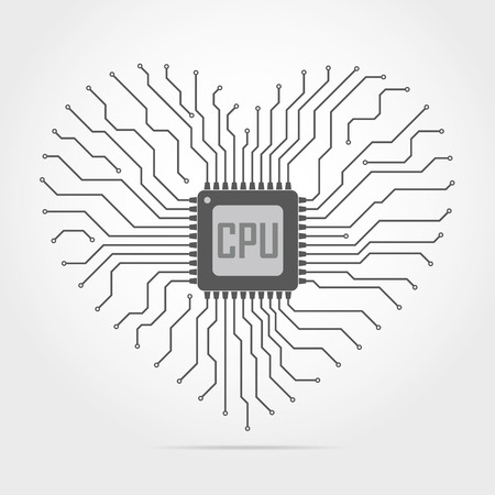 Gray electronic circuit board with chip in shape of heart. Vector illustration. Abstract technology background.のイラスト素材