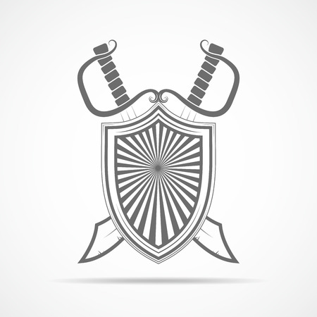 Shield with two crossed swords in flat style. Shield and two swords isolated. Vector illustration.のイラスト素材