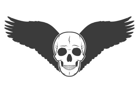 Black human skull with wings isolated on light background. Vector illustration.のイラスト素材