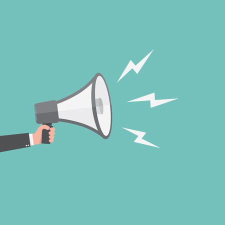 Loudspeaker or megaphone icon. Gray megaphone in hand on colored background. Vector illustration.のイラスト素材