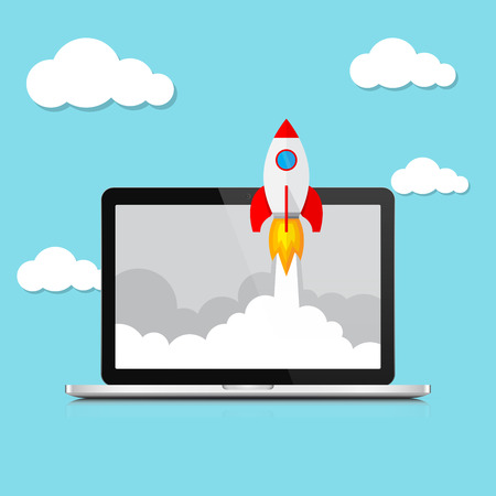 The spacecraft crashes outside laptop screen . Vector Illustration. Concept of business start-up.のイラスト素材