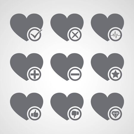 Set of gray conceptual hearts with different conceptual signs. Vector illustration.のイラスト素材