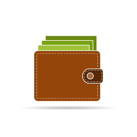 Brown wallet with green paper money, isolated on white background. Wallet in flat design. Vector illustration.のイラスト素材