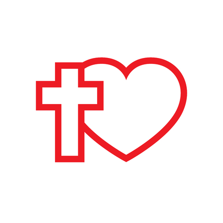 Christian cross and silhouette of heart. Red symbol of christian love isolated on white background. Vector illustration. Christian symbol.のイラスト素材