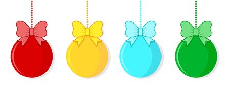 Set of christmas balls with bows, in four colors. Christmas balls isolated on white background. Vector illustration.のイラスト素材