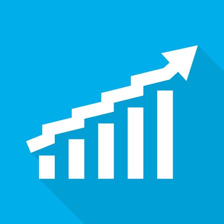 Growing bar graph icon with rising arrow. Financial forecast graph. White graph bar with long shadow on blue background. Vector illustration.のイラスト素材