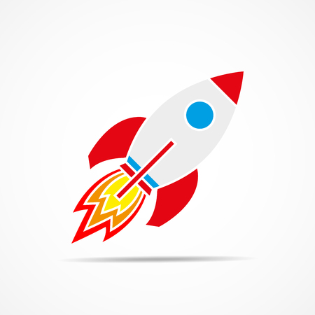 Colored rocket ship icon in flat design. Simple spaceship icon isolated on white background. Vector illustration.のイラスト素材