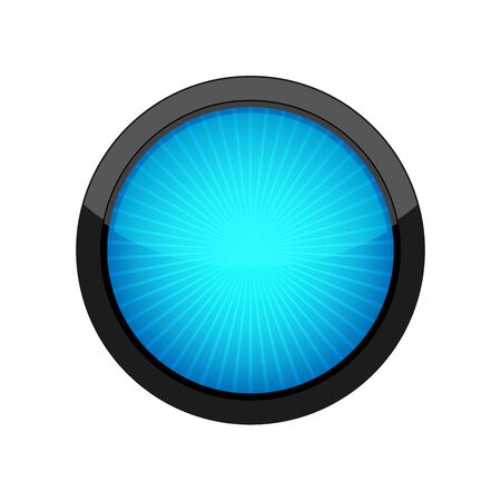 Blue round button with a black frame. Vector illustration. Round button with rays inside, isolated on white background.のイラスト素材