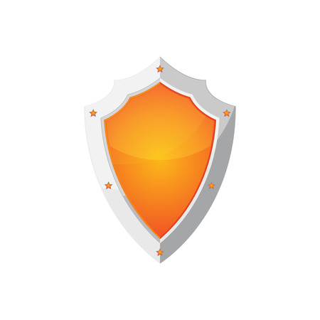 Glossy shield icon. Orange shield with stars, isolated on white background. Vector illustration.のイラスト素材