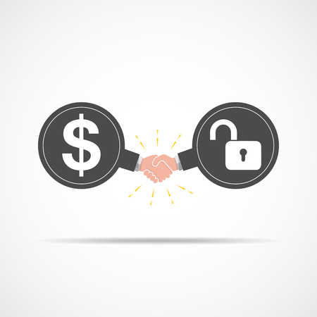 Symbol of handshake between dollar signs and open lock. illustration. The concept of a contract or agreement.のイラスト素材